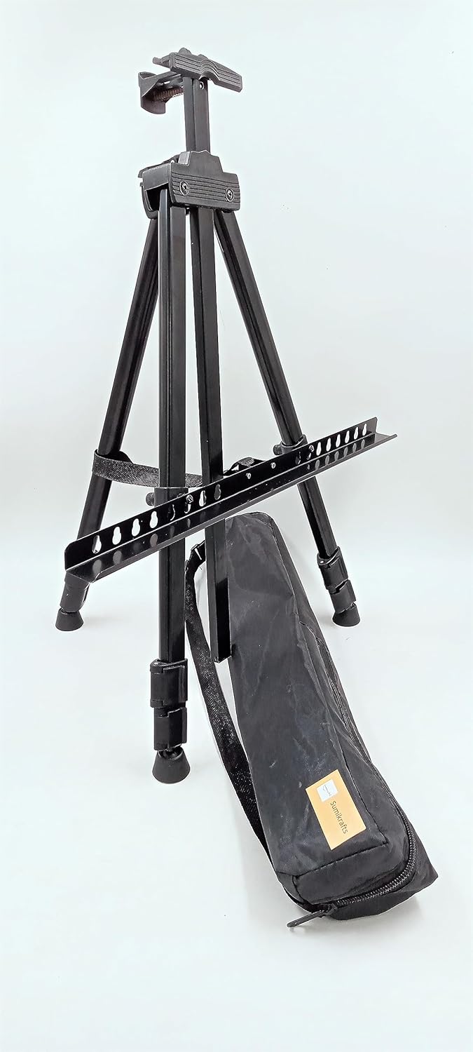sumikrafts artists tripod easel-portable lightweight metal display easel, free weatherproof carry bag. holds canvas upto 32"