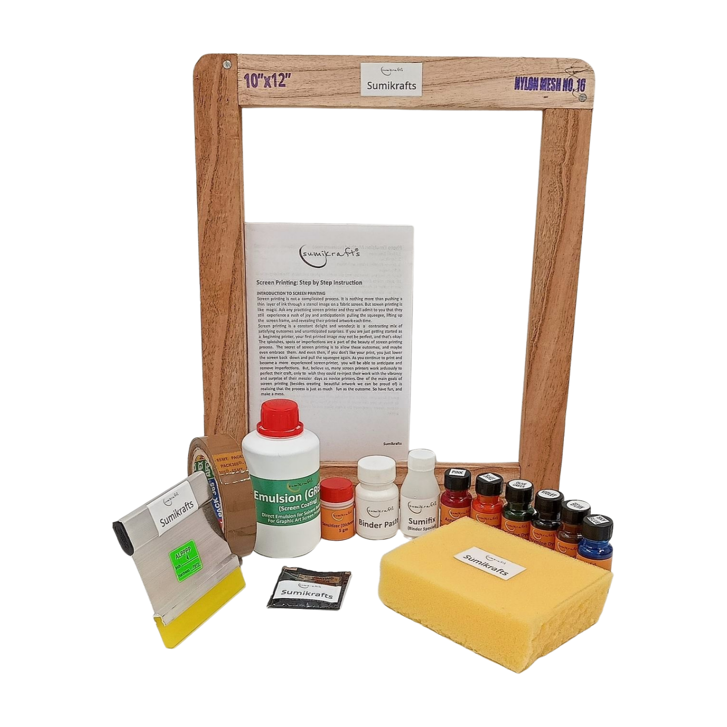 sumikrafts screen printing kit for beginners: 6 assorted pigment dyes+ screen printing wooden frame 10"x12" pre stretched mesh no 16 -graphic arts,textile and apparel