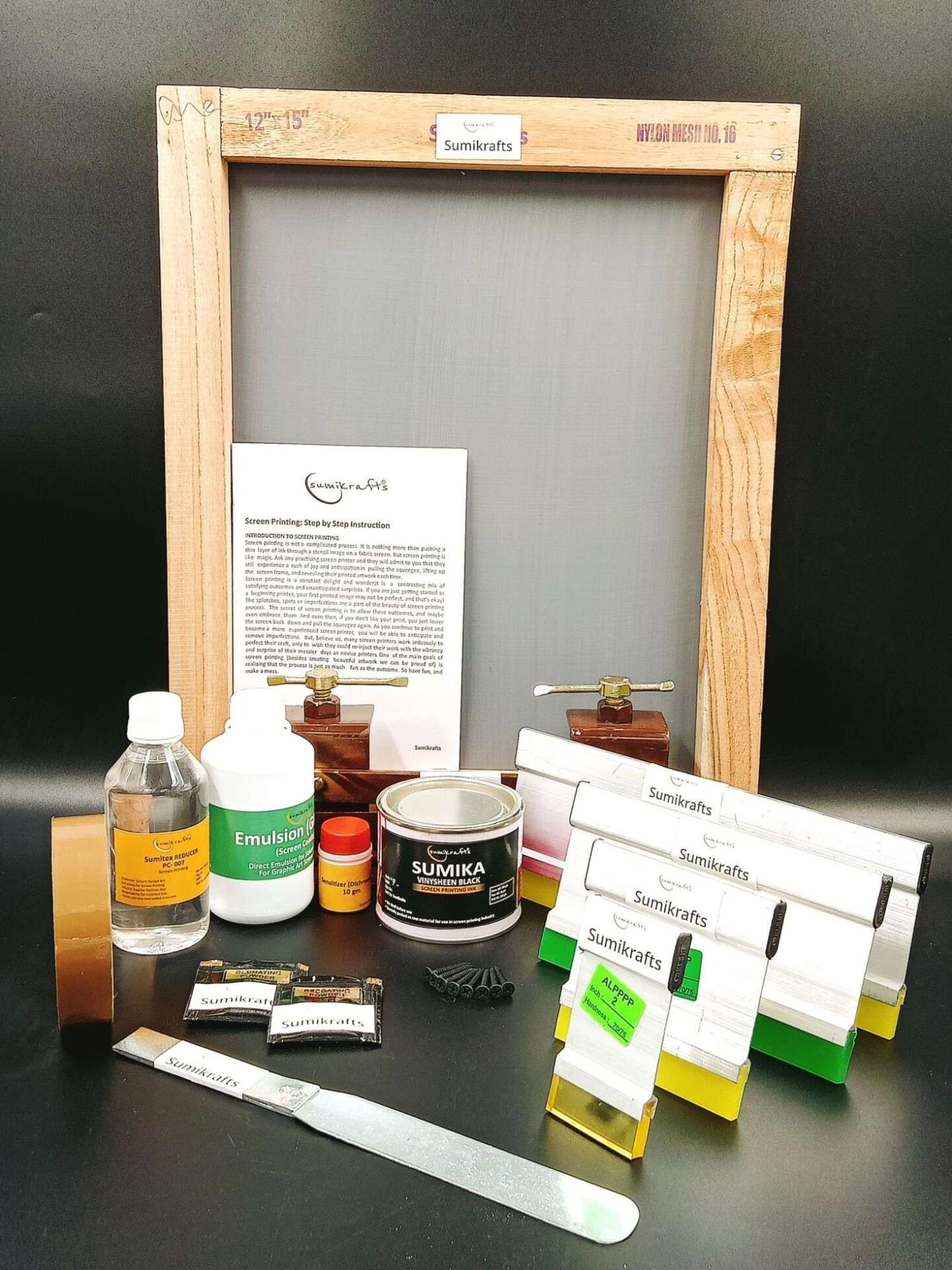 Screen printing kit with sumika vinysheen ink black , hinge clamps, screws, and 12x15 inch frame – Sumikrafts DIY bundle