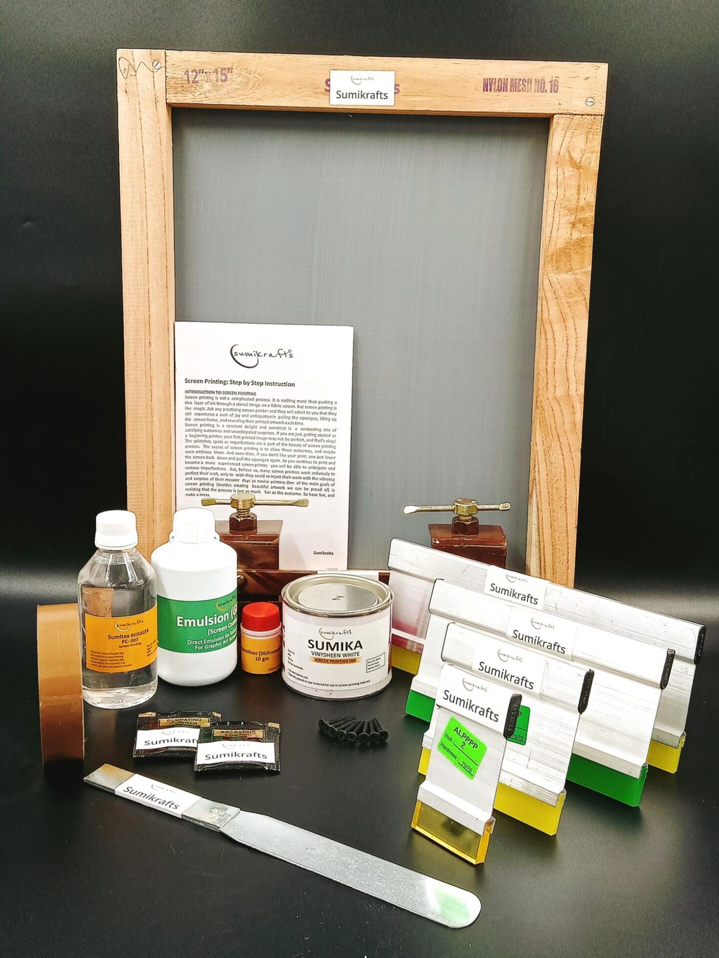 Screen printing kit with sumika vinysheen ink white , hinge clamps, screws, and 12x15 inch frame – Sumikrafts DIY bundle