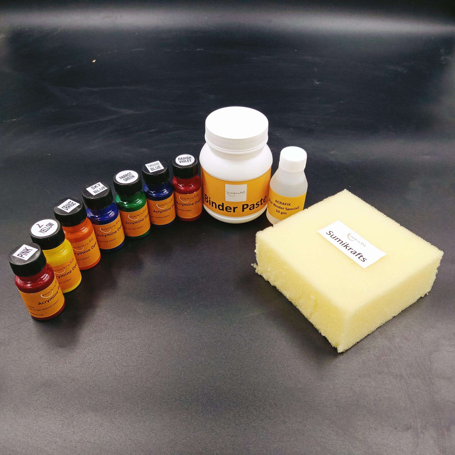 Sumikrafts Acramine Dye Bundle – 7 Bright & Festive Colours (Pink, Lemon Yellow, Orange, Sky Blue, Parrot Green, Turquoise Blue, Radish Violet) with Binder Paste 200gm, Acrifixer 50gm & Sponge (10x10cm) for Screen & Block Printing | Fabric Dye | For Festival, Craft & Kidswear Prints