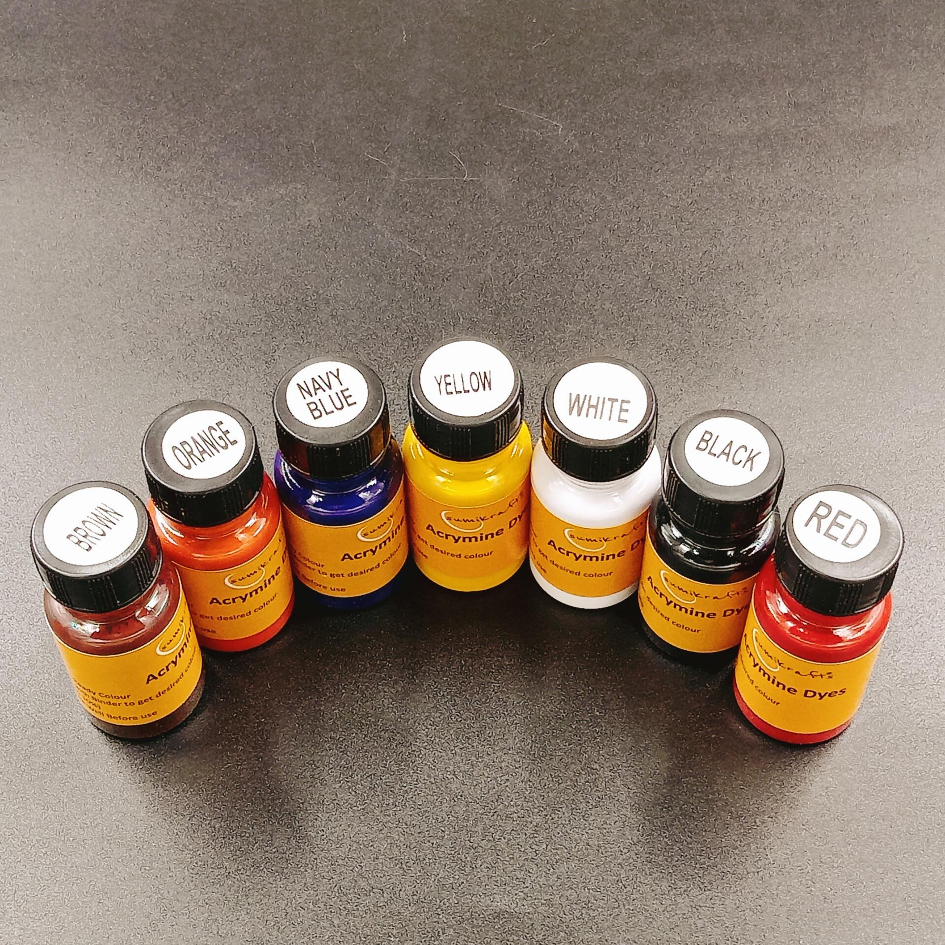 7 Primary Acramine Dye Colors – Red, Black, White, Yellow, Navy Blue, Orange, and Brown Sumikrafts complete screen printing kit with 7 Acramine dye colors