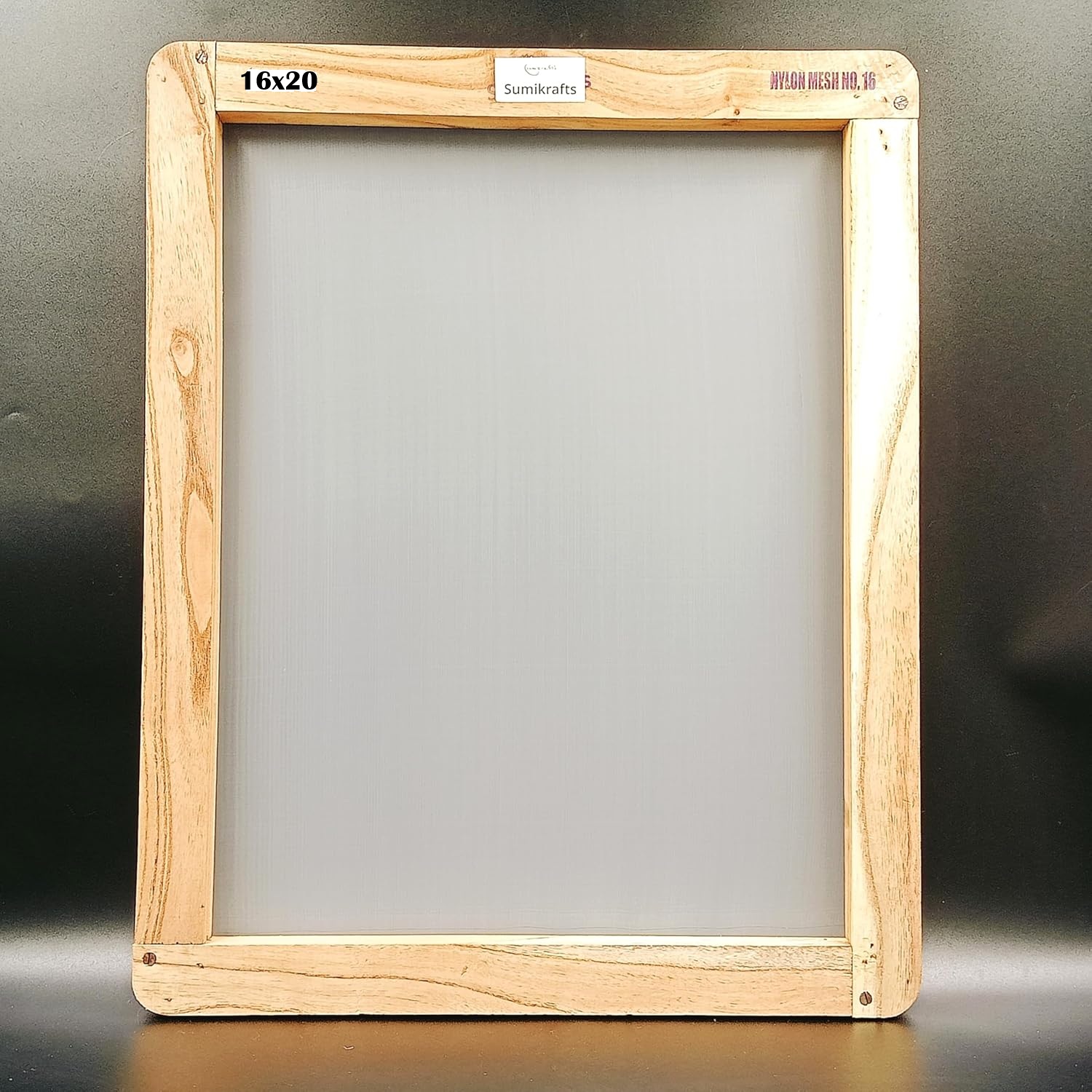 Sumikrafts 16x20 inch extra large wooden screen printing frame with pre-stretched Nylon Mesh No.16, ready-to-use professional screen for large textile and fabric printing designs."