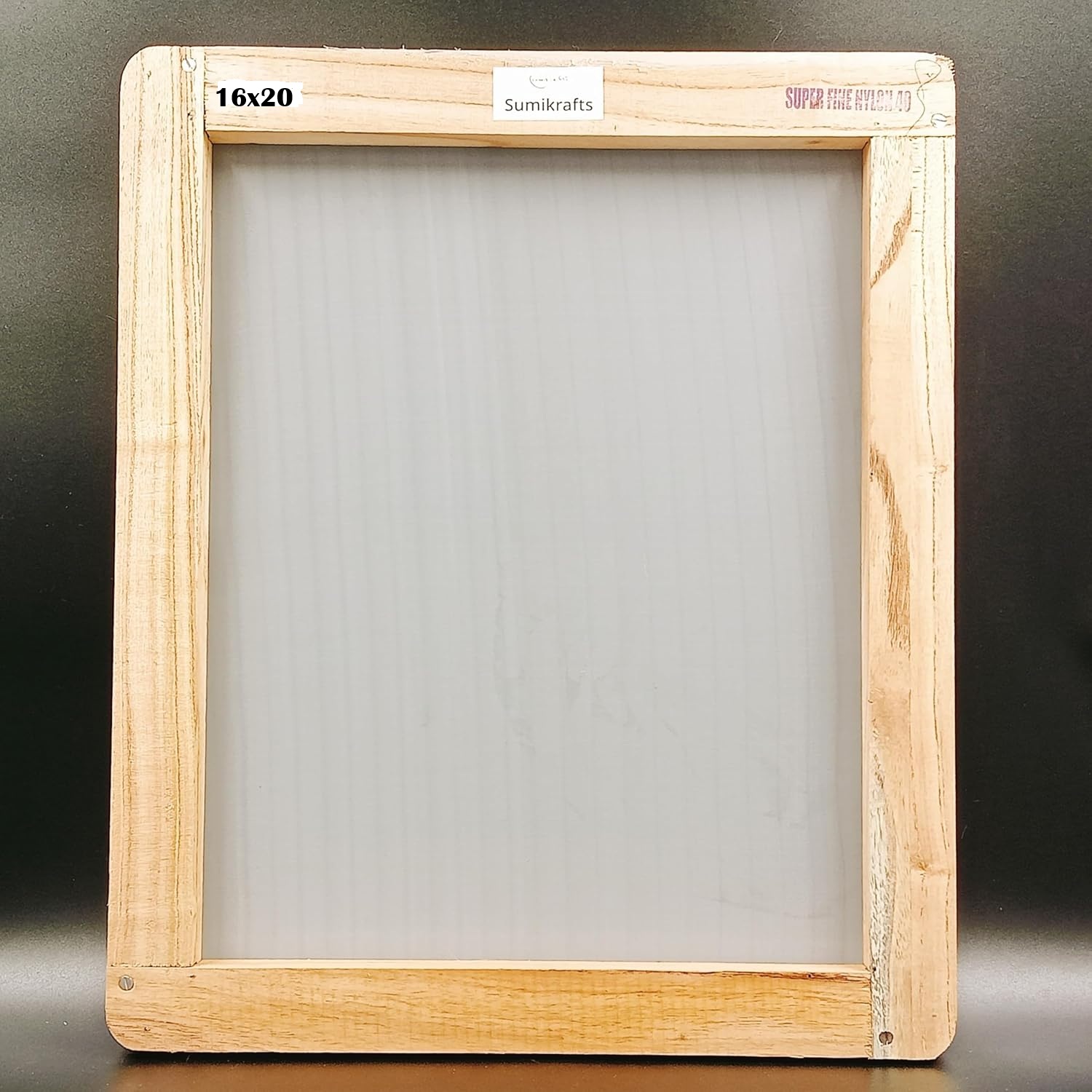 Sumikrafts 16x20 inch extra large wooden screen printing frame with pre-stretched Nylon Mesh No.40, ready-to-use professional screen for large textile and fabric printing designs."