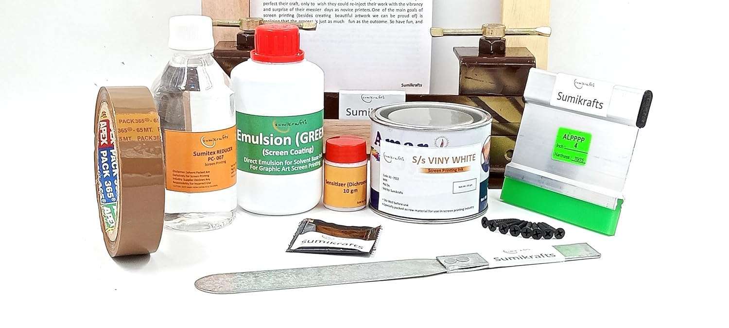 Complete Screen Printing Starter Kit by Sumikrafts with Pre-Stretched 8×10 Screen Frame, Vinyl White Ink 250g, Table Clamps and Screws for Beginners and Professionals Complete Screen Printing Starter Kit by Sumikrafts with Pre-Stretched 8x10 Screen Frame, Vinyl White Ink 250g, Table Clamps and Screws for Beginners and Professionals