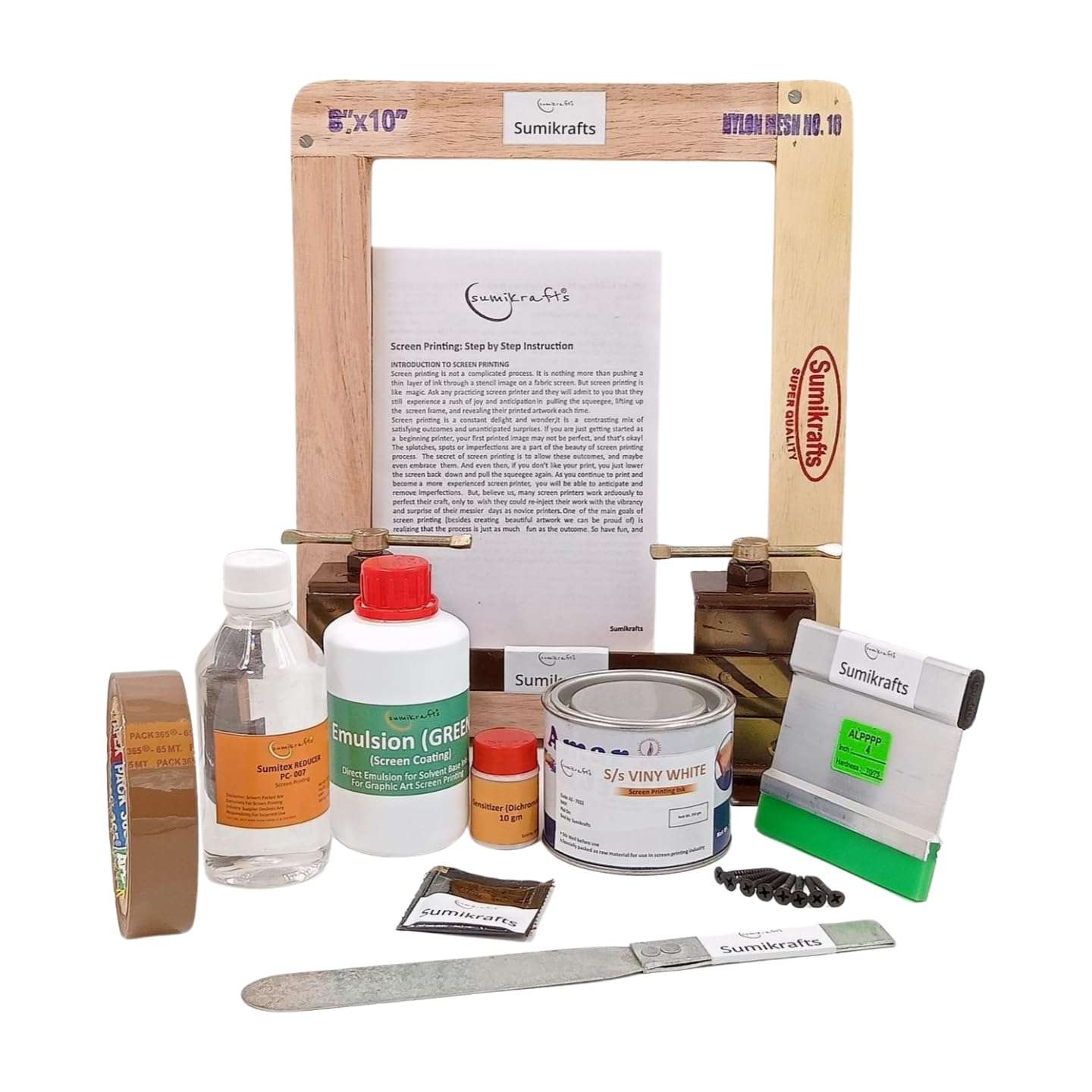 71wh59d2uzL._SL1440_ Sumikrafts Screen Printing Kit with Vinyl White Ink 250g, Double Hinge Table Clamps, 8 Black Phosphated Drywall Screws 3.5cm, Wooden Screen Frame 8x10 Inch Pre-Stretched Mesh 16 for Textile and Fabric Printing