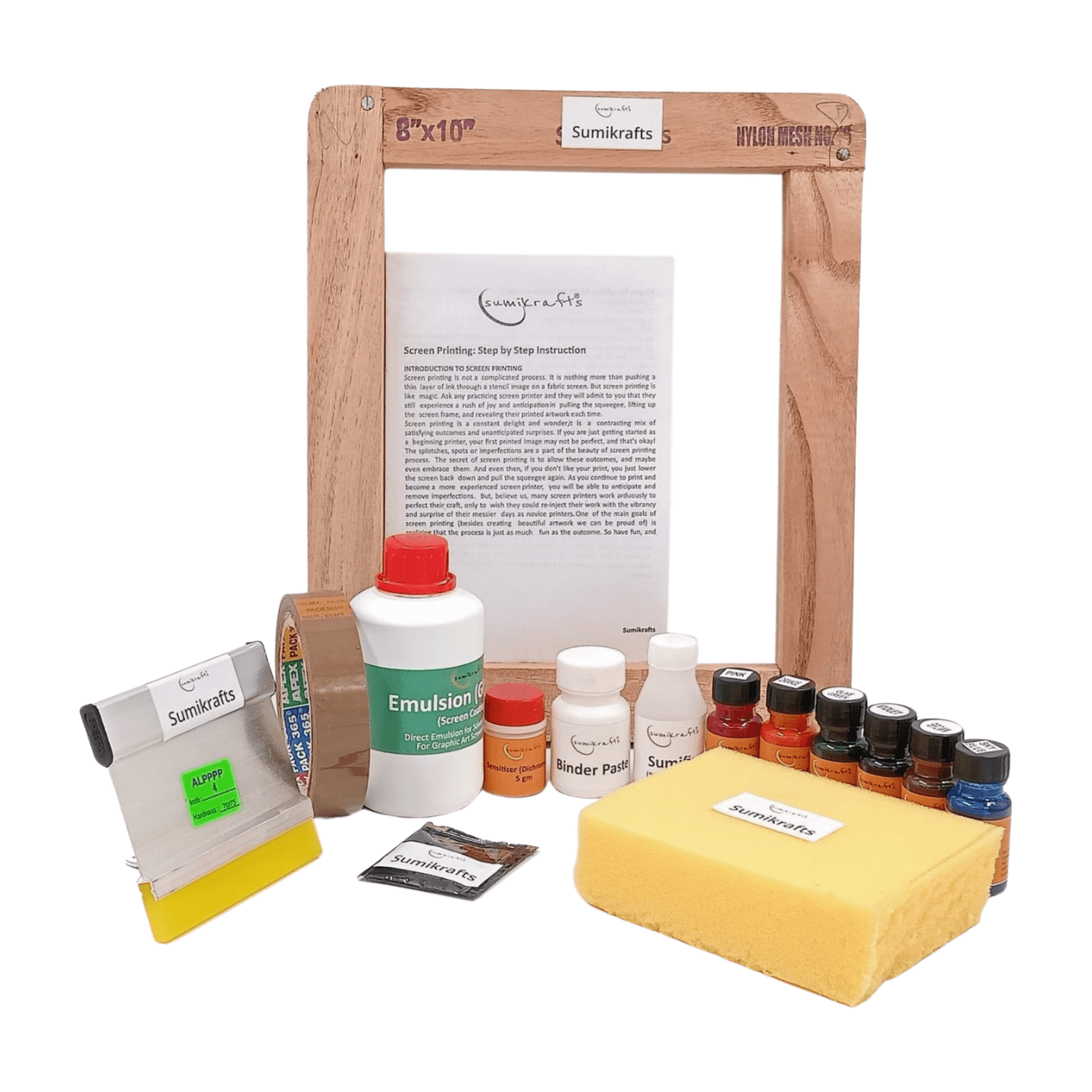 sumikrafts screen printing kit for beginners: 6 assorted pigment dyes+ screen printing wooden frame 8"x10" pre stretched mesh no 16 -Graphic Arts,Textile and Apparel