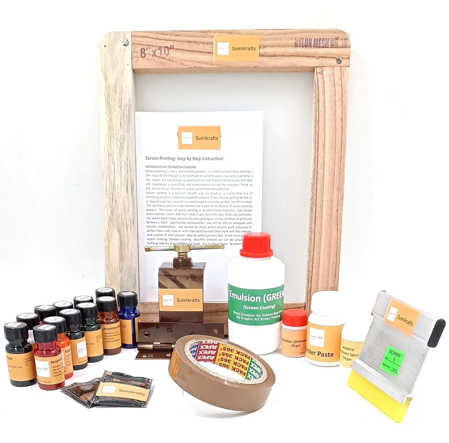 sumikrafts screen printing kit for beginners: 12 assorted pigment dyes+ single hinge(table clamp)+wooden frame small 8"x10" pre stretched mesh no 16-for graphic arts screen printing