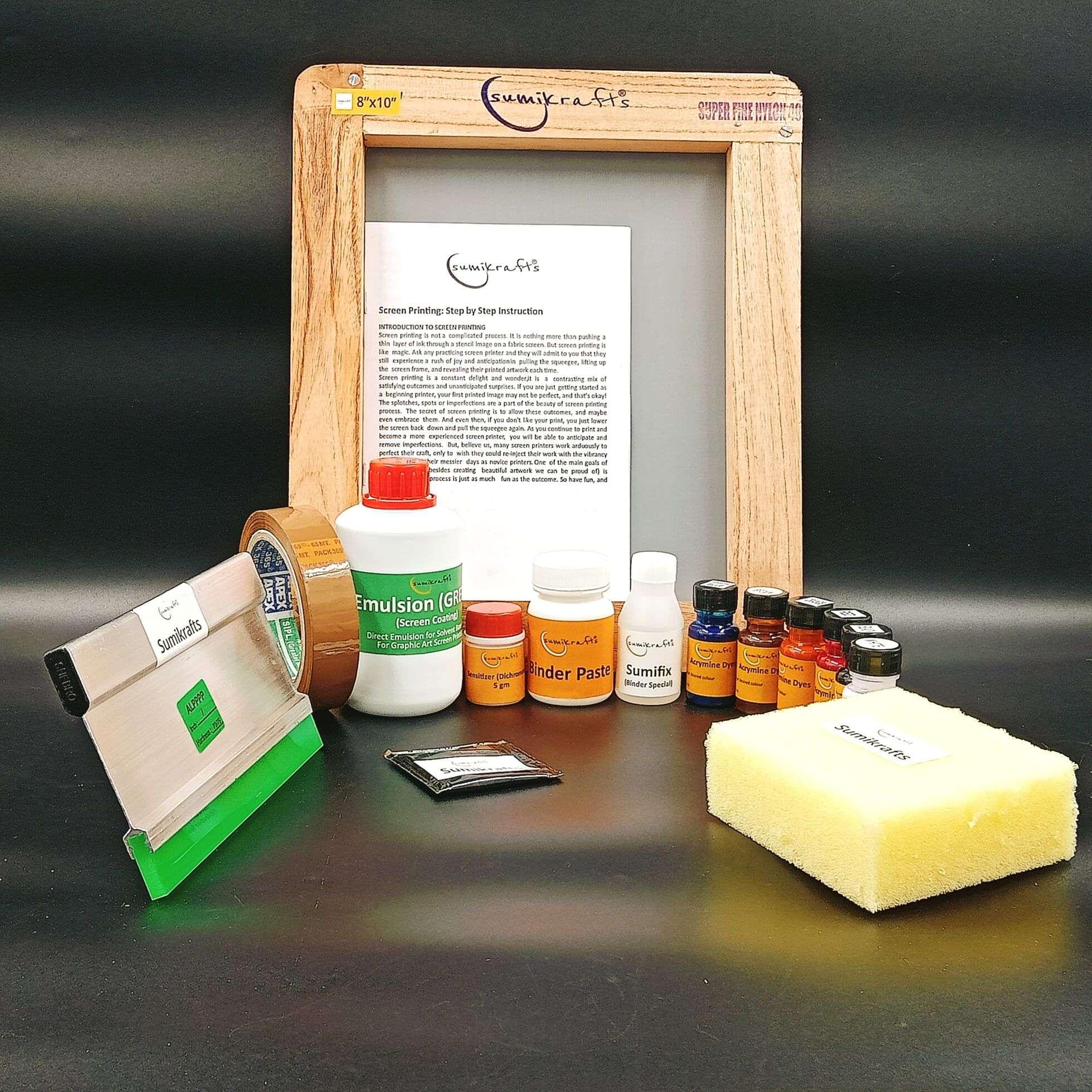 Sumikrafts Beginner Screen Printing Kit with 8x10 Wooden Frame, Mesh No. 40, 6 Acrymine Dyes, 7-Inch Squeegee for Fabric, Textile & Apparel Printing