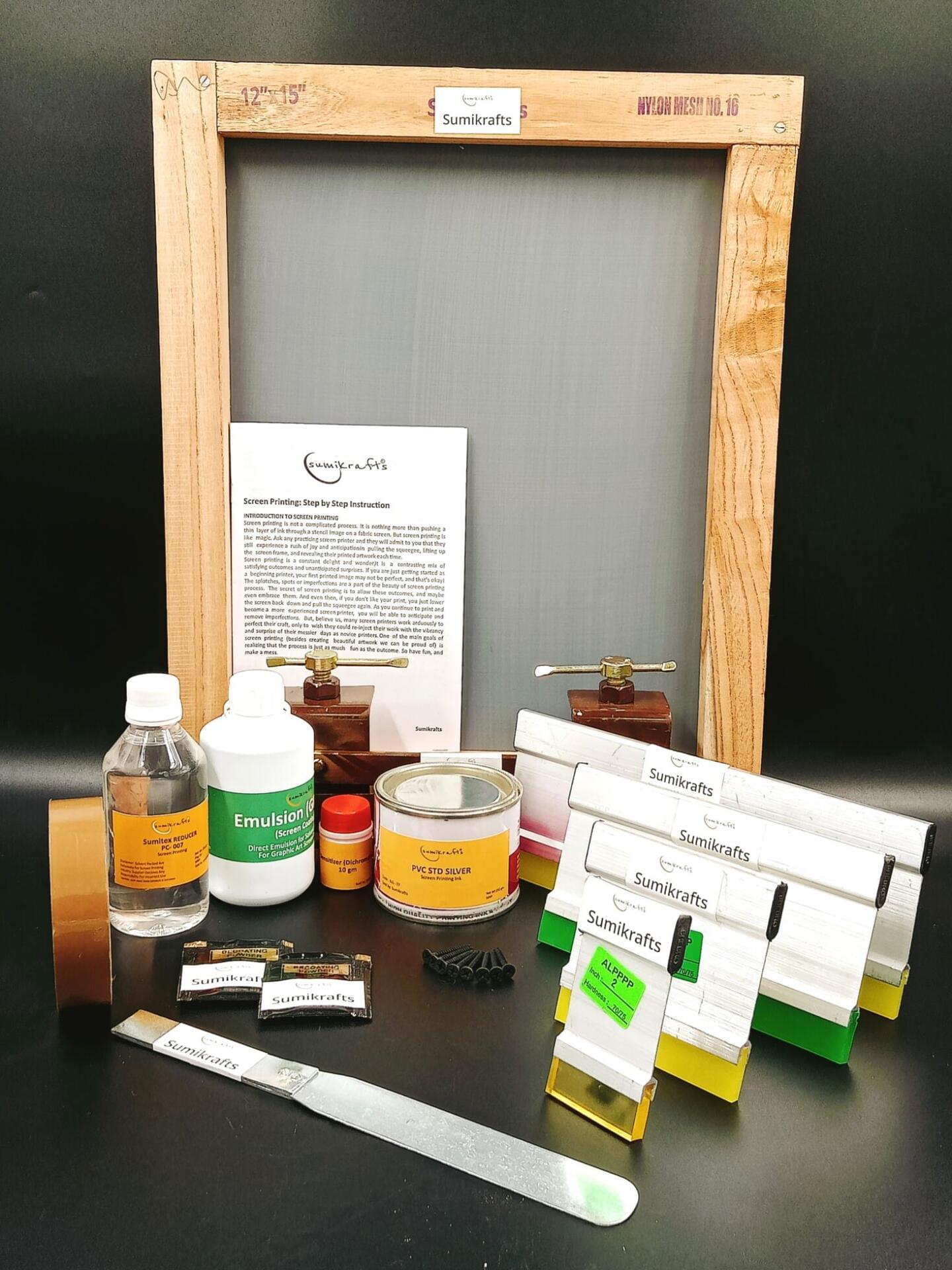 Screen printing kit with PVC silver ink, hinge clamps, screws, and 12x15 inch frame – Sumikrafts DIY bundle