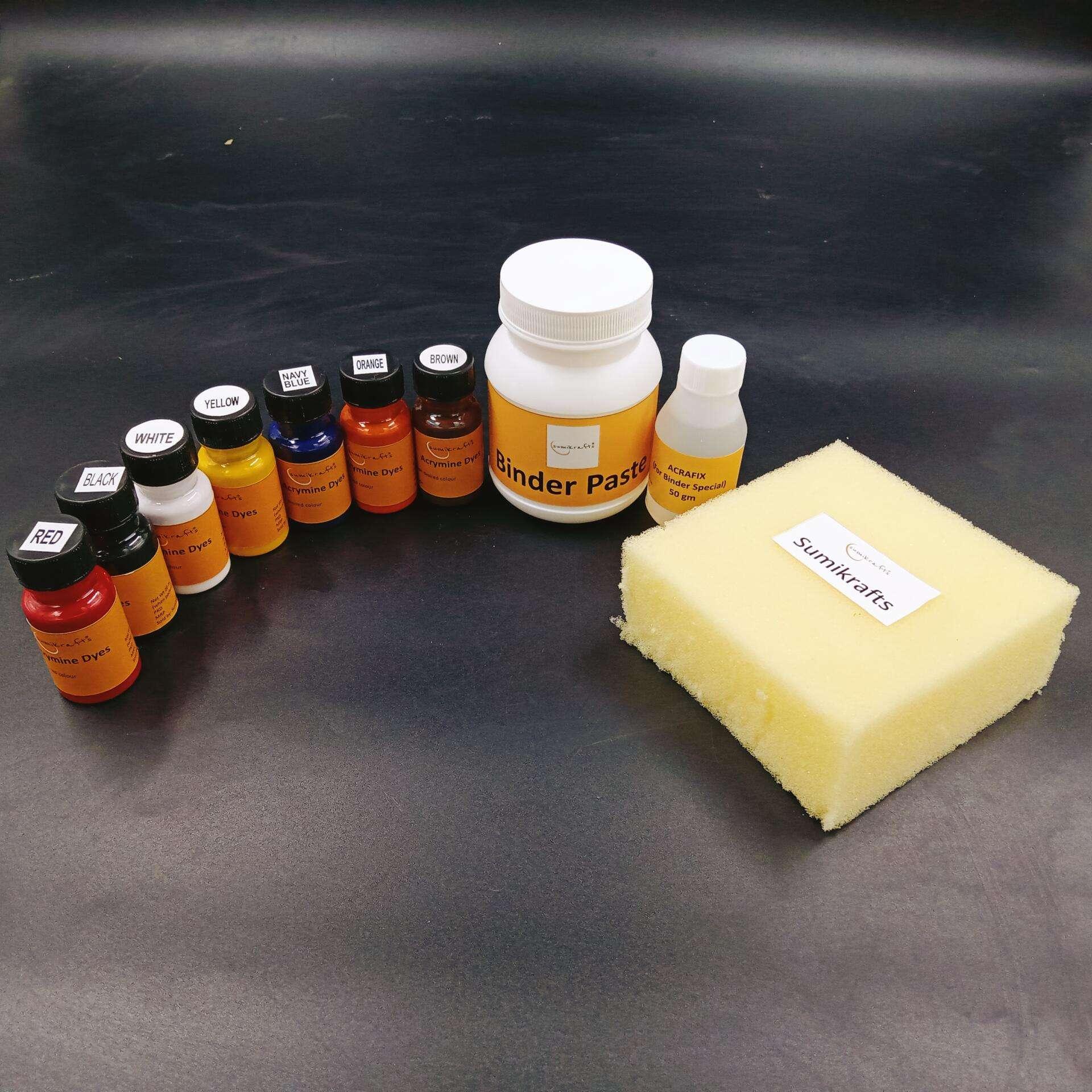 acramine dye Acramine dye bundle Screen printing inks India Block printing colours Fabric printing dyes Primary colours for printing Sumikrafts printing dye set Water-based textile dyes Red black white yellow navy blue dye Daily use screen printing inks Base colour mixing dyes Screen printing supplies India Block printing starter kit Textile craft ink set Fabric dye for block printing Acramine dye for cotton fabric