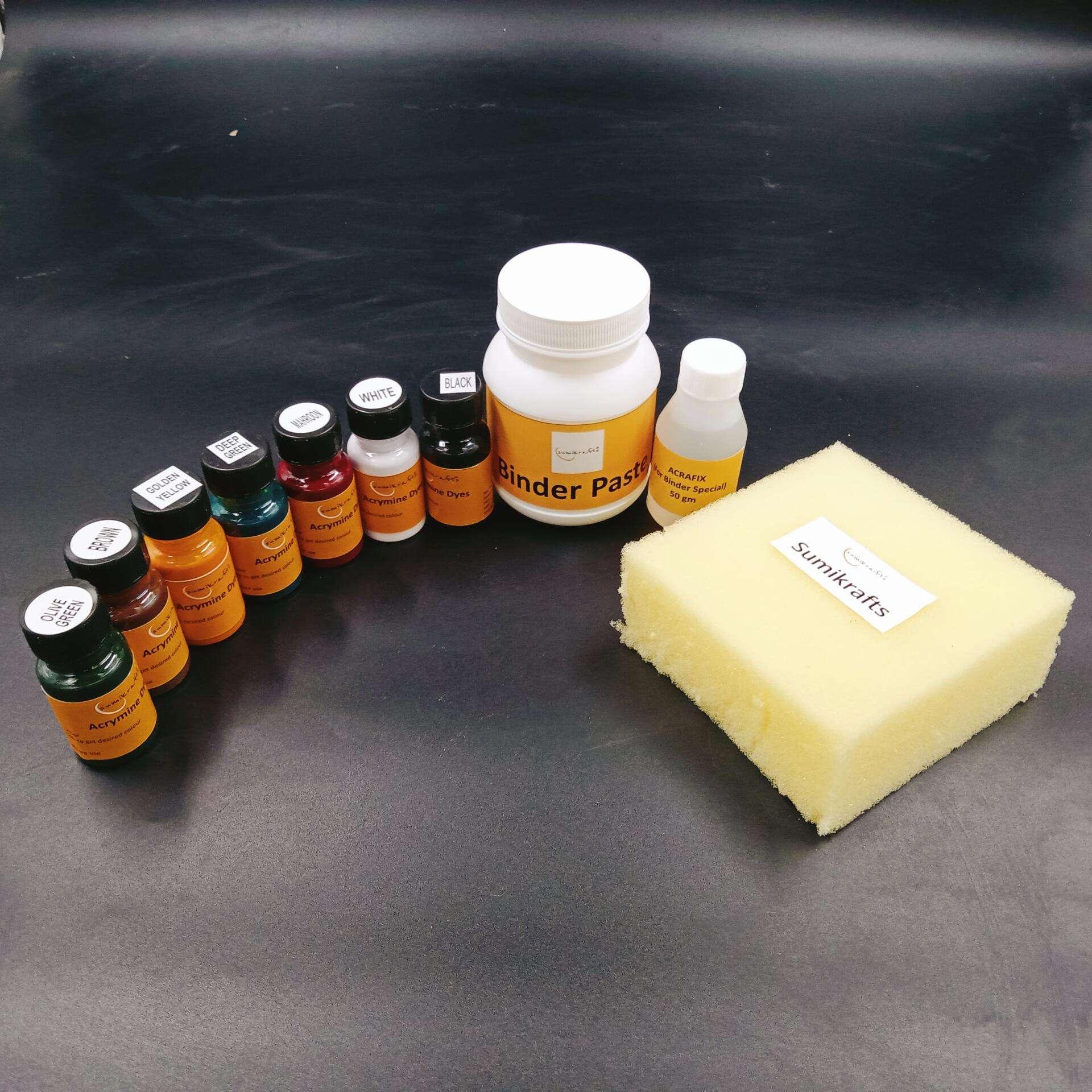 Sumikrafts Acramine Dye Bundle – 7 Earth & Nature Tones (Olive Green, Brown, Golden Yellow, Deep Green, Mahogany, White, Black) + Binder Paste 200gm, Acrifixer 50gm & Sponge (10x10cm) | Premium Fabric Dyes for Screen Printing, Block Printing & Ethnic Crafts