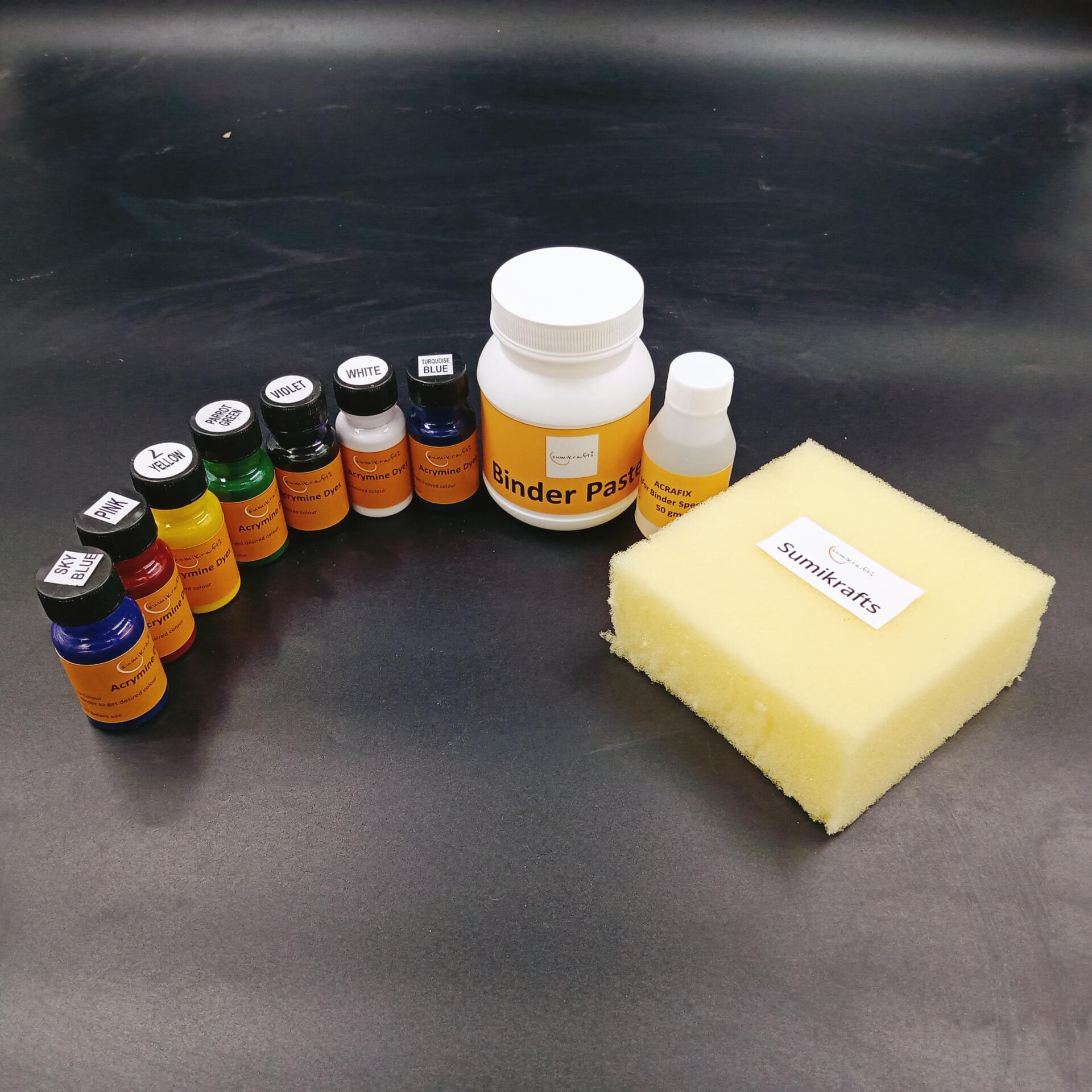 Sumikrafts Acramine Dye Bundle - 7 Summer & Pastel Colors (Sky Blue, Pink, Lemon Yellow, Parrot Green, Violet, White, Turquoise Blue) + Binder Paste 200gm, Acrifixer 50gm & Sponge (10x10cm) | Soft Fabric Dyes for Baby Clothing, Light Décor & Delicate Prints